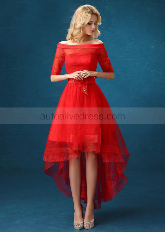 Off Shoulder Red Polka Dots Tulle High Low Evening Dress